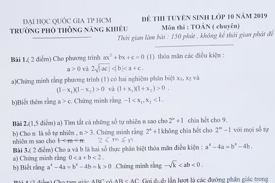 Đề thi môn toán tuyển sinh vào lớp 10 của Trường Phổ thông Năng khiếu, ĐH Quốc gia TP. Hồ Chí Minh