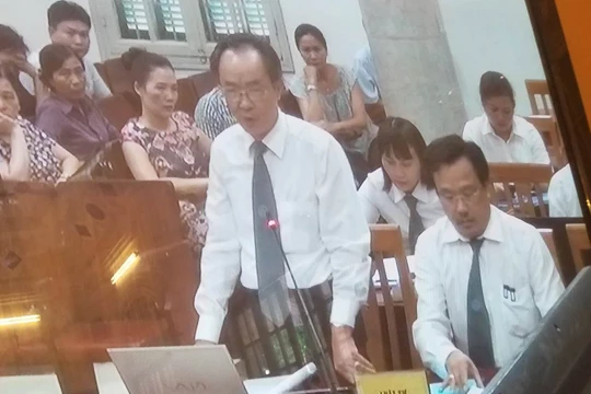 Luật sư Nguyễn Minh Tâm đang bảo vệ cho thân chủ của ông, là bị cáo Nguyễn Xuân Sơn. (Ảnh chụp màn hình: X.T)