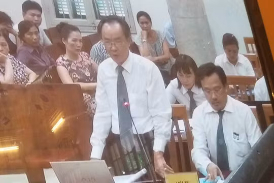 Luật sư Nguyễn Minh Tâm đang bảo vệ cho thân chủ của ông, là bị cáo Nguyễn Xuân Sơn. (Ảnh chụp màn hình: X.T)