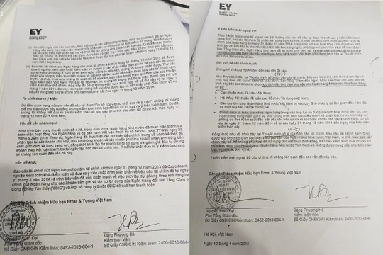 2 báo cáo kiểm toán độc lập “cùng ngày, cùng số, khác nội dung” mà luật sư Nguyễn Huy Thiệp đã nêu. (Ảnh: N.G)
