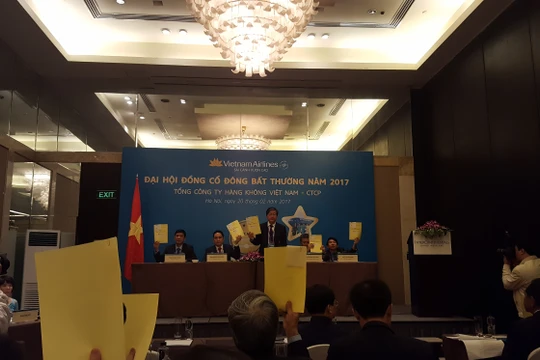 Quang cảnh phiên ĐHCĐ bất thường vừa diễn ra sáng nay của Vietnam Airlines. (Ảnh: T.Thủy)