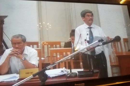 LS. Nguyễn Huy Thiệp tích cực bào chữa cho Nguyễn Xuân Sơn để biện hộ cho thân chủ. (Ảnh chụp màn hình: N.G)