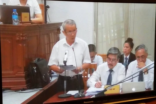 Luật sư Đào Hữu Đăng đang biện hộ cho Hà Văn Thắm. (Ảnh chụp màn hình: X.T)