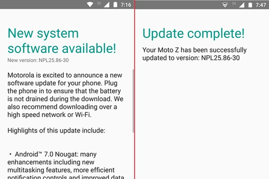 Ảnh chụp giao diện màn hình Moto Z khi thông báo có bản cập nhật Android 7.0 Nougat và sau khi hoàn tất việc cài đặt.