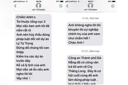 Tin nhắn đe dọa được gửi đến ông Nguyễn Hữu Hinh - Giám đốc Ban QLDA Đầu tư xây dựng các công trình công nghiệp và dân dụng TP Đà Nẵng