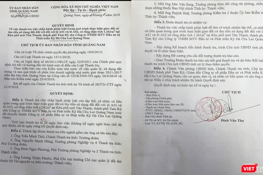 Quyết định thành lập Đoàn Thanh tra liên ngành của UBND tỉnh Quảng Nam để tiến hành tranh tra các vấn đề pháp lý liên quan đến đô đất A51 và A52 hiện do vợ của nguyên Bí thư Tỉnh ủy Quảng Nam sở hữu.