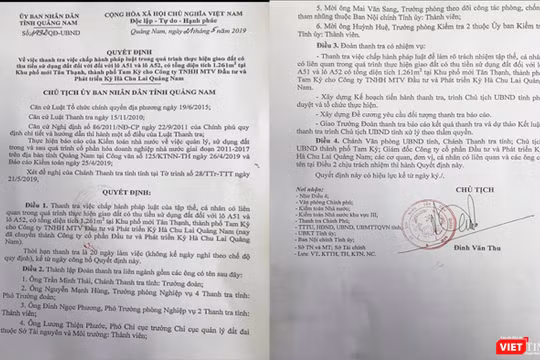 Quyết định thành lập Đoàn Thanh tra liên ngành của UBND tỉnh Quảng Nam để tiến hành tranh tra các vấn đề pháp lý liên quan đến đô đất A51 và A52 hiện do vợ của nguyên Bí thư Tỉnh ủy Quảng Nam sở hữu.