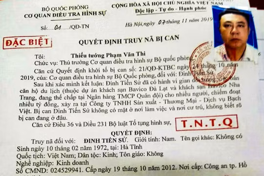 Lệnh truy nã của Cơ quan Cơ quan điều tra hình sự Bộ Quốc phòng đối với Đinh Tiên Sử.