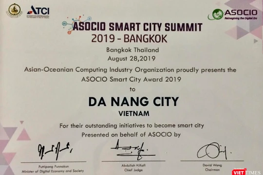 Chứng nhận giải thưởng "ASOCIO Smart city 2019” của TP Đà Nẵng do ASOCIO trao tặng
