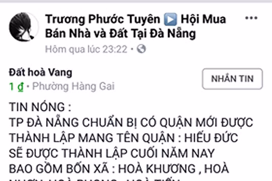 Nội dung tin đồi thất thiệt về việc Đà Nẵng tách huyện Hòa Vang thành 2 đơn vị hành chính đươc đăng trên mạng xã hội (ảnh Tấn Việt)