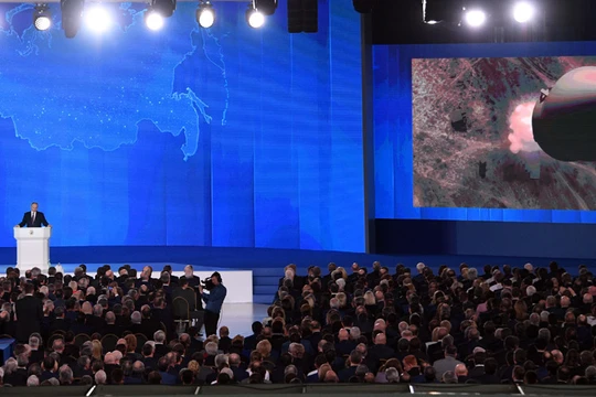 Tổng thống Nga Vladimir Putin đã có bài diễn văn thường niên trước Quốc hội Liên Bang ngày 1/3. Nguồn: RT