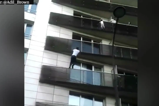 "Người nhện Paris" Mamoudou Gassama leo bằng tay không lên tầng 4 của một tòa chung cư để giải cứu bé trai mắc kẹt. Nguồn: Twitter