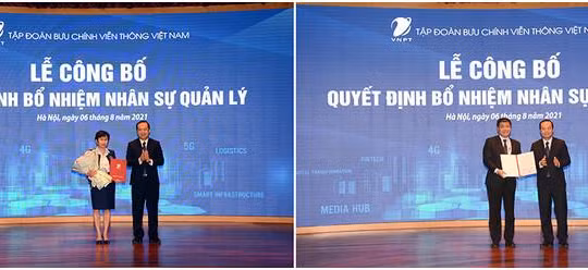 Chủ tịch VNPT Phạm Đức Long trao quyết định cho 2 phó Tổng GĐ Tập đoàn. Ảnh VNPT