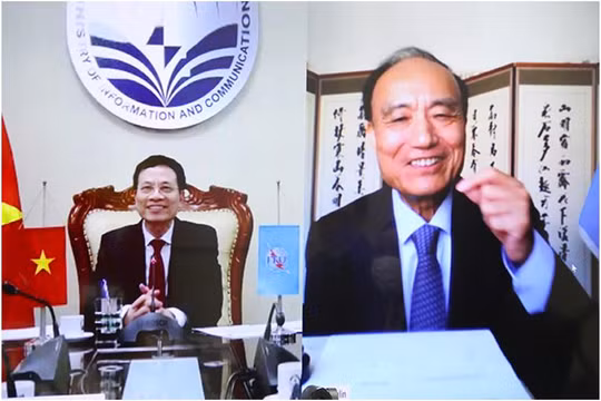 Bộ trưởng Nguyễn Mạnh Hùng và ông Zihiao Hoalin tại buổi điện đàm. Ảnh Mic