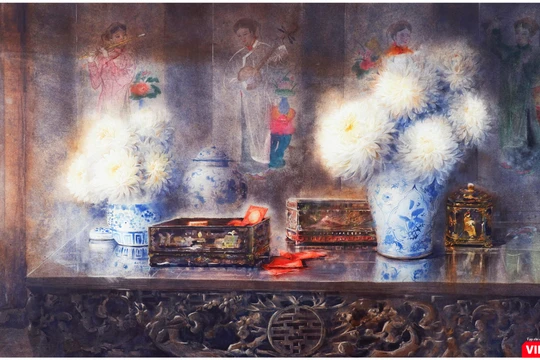 Tác phẩm "Như một hoài niệm" (màu nước trên giấy, 110cm x 180cm, 2021) của họa sĩ Đoàn Quốc