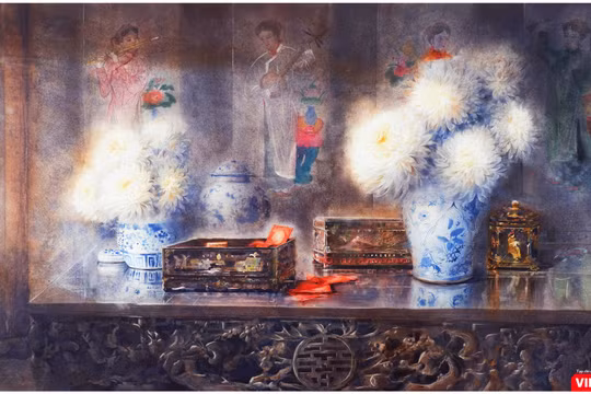 Tác phẩm "Như một hoài niệm" (màu nước trên giấy, 110cm x 180cm, 2021) của họa sĩ Đoàn Quốc