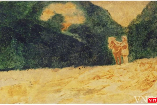 Dương Bích Liên (1924-1989) dựng lên một không gian núi rừng, trời nước bao la trong bức tranh sơn mài “Bác Hồ ở chiến khu Việt Bắc”. Ảnh: BTMTVN