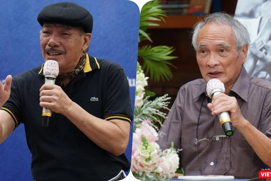 Nhạc sĩ Trần Tiến và nhà thơ Hoàng Hưng xúc động chia sẻ về thi sĩ Hoàng Cầm. Ảnh: Hoà Bình