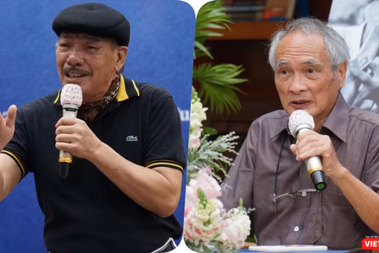 Nhạc sĩ Trần Tiến và nhà thơ Hoàng Hưng xúc động chia sẻ về thi sĩ Hoàng Cầm. Ảnh: Hoà Bình