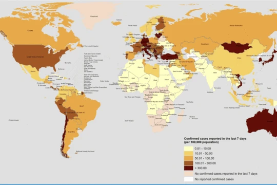 Bản đồ Việt Nam đã chuyển trở lại màu nâu sậm – màu biểu tượng của những nước có số mắc trên 300 ca mắc mới/100.000 dân/7 ngày (COVID-19 Weekly Epidemiological Update - Edition 104, published 10 August 20 - WHO)