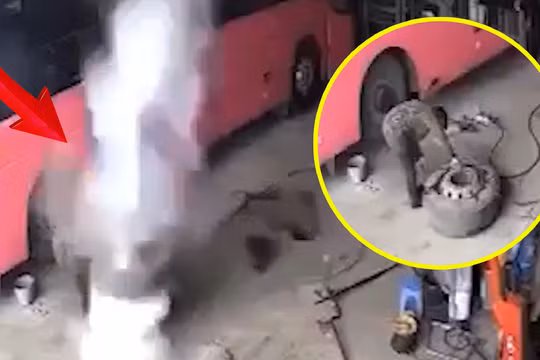 Cảnh tượng lốp xe phát nổ, hất văng người đàn ông