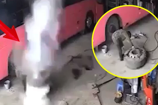 Cảnh tượng lốp xe phát nổ, hất văng người đàn ông