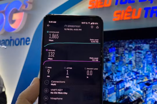Tốc độ VinaPhone 5G đạt 1865Mbps.