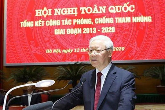 Tổng Bí thư, Chủ tịch nước Nguyễn Phú Trọng, Trưởng Ban Chỉ đạo Trung ương về phòng, chống tham nhũng phát biểu kết luận Hội nghị - Ảnh: TTXVN