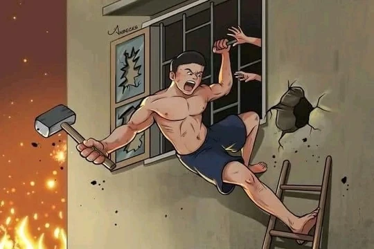 Thanh niên bất chấp nguy hiểm cứu người trong vụ cháy ở Trung Kính. Ảnh: VietNamNet.