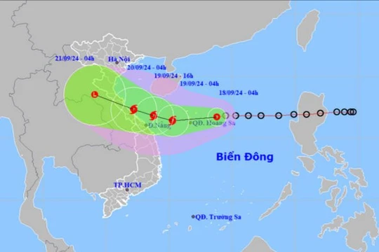 Dự báo hướng và thời gian di chuyển của áp thấp nhiệt đới. Ảnh: Trung tâm Dự báo khí tượng thủy văn quốc gia.