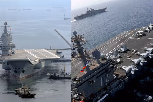 Tàu Sơn Đông Trung Quốc (trái) và tàu USS Abraham Lincoln CVN-72 của Mỹ có thể sẽ đụng đầu nhau trên Biển Đông. Ảnh: Đa Chiều.