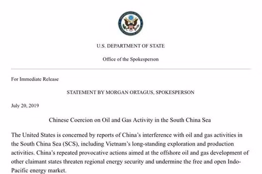 Tuyên bố của Người phát ngôn Bộ Ngoại giao Mỹ "Về việc Trung Quốc sử dụng vũ lực trong các vấn đề về dầu mỏ, khí đốt ở vùng Biển Đông"