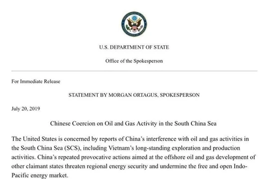 Tuyên bố của Người phát ngôn Bộ Ngoại giao Mỹ "Về việc Trung Quốc sử dụng vũ lực trong các vấn đề về dầu mỏ, khí đốt ở vùng Biển Đông"