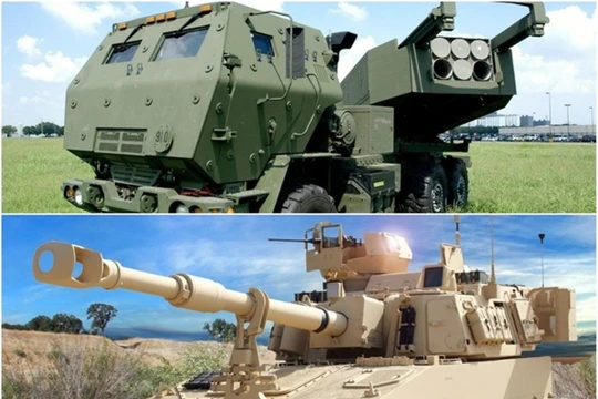 Hai loại vũ khí mà quân đội Đài Loan chuẩn bị mua: Hệ thống pháo phản lực nđa nòng M142 và Pháo tự hành M109A6 Paladin. Ảnh: Đông Phương