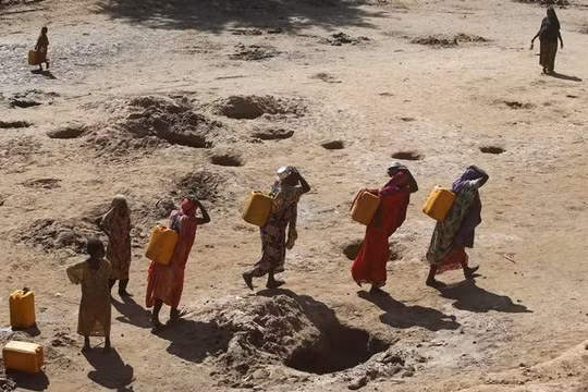 Những người phụ nữ đang mang các can nước được lấy từ giếng đào trên cát dọc theo bờ sông Shabelle, đây là khu vực rất thiếu nước trong mùa hạn tại Somali (Ảnh Reuters)