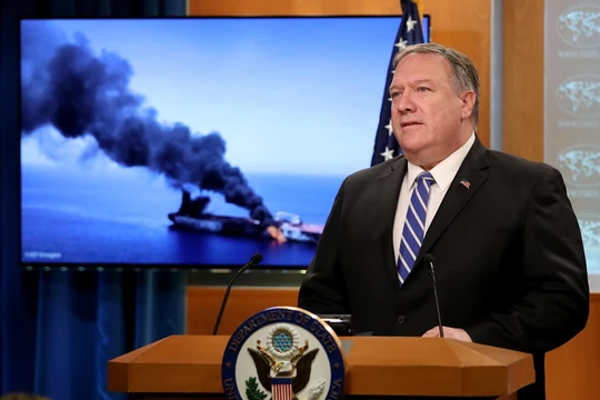 Ngoại trưởng Mỹ Mike Pompeo thông báo về vụ tấn công trên Vịnh Oman hô 13/6 (Ảnh: CNN)