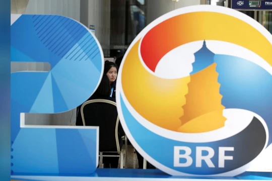 Logo của sáng kiến Vành đai và Con đường trong Hội nghị thượng đỉnh tổ chức tại Bắc Kinh hôm 25/4/219 (Ảnh: Reuters)