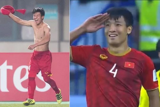 Bùi Tiến Dũng mừng chiến thắng kiểu quân đội sau cú sút phạt đưa Việt Nam vào vòng đấu tiếp theo (ảnh: Fox Sport Asia)