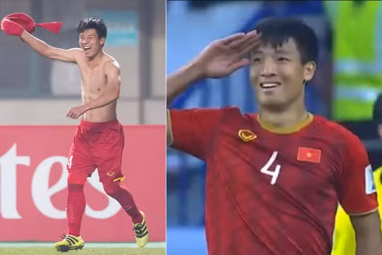 Bùi Tiến Dũng mừng chiến thắng kiểu quân đội sau cú sút phạt đưa Việt Nam vào vòng đấu tiếp theo (ảnh: Fox Sport Asia)