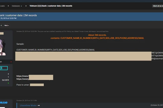 Dữ liệu khách hàng của một ngân hàng Việt Nam bị đưa lên diễn đàn dành cho giới hacker