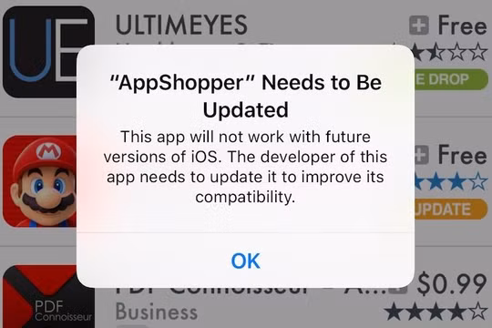 Ứng dụng 32-bit không tương thích với iOS 11 (ảnh Mac Rumors)