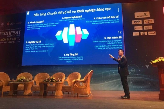 ông Hà Trung Dũng, đại diện VNPT trình bày tham luận tại Ngày hội khởi nghiệp đổi mới sáng tạo quốc gia