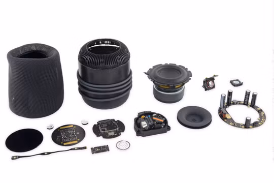 HomePod gồm rất nhiều thành phần kết dính với nhau chỉ có thể mở bằng cách "phá" (ảnh iFixit)