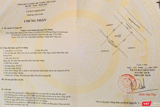 Giấy chứng nhận quyền sử dụng đất có ghi nợ tiền sử dụng đất được UBND tỉnh Quảng Nam cấp cho Công ty TNHH Chí Thành