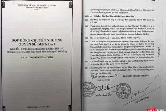 Hp đồng chuyển nhượng quyền sử dụng đất số 01/2017-HĐCN-DANANG ngày 1/11/2017 giữa Công ty CP Đầu tư phát triển đô thị và khu công nghiệp Sông Đà và Công ty TNHH MTV Land Hà Hải đối với khu đất 12,04ha thuộc Khu đô thị mới Hoà Hải 1-3 (phường Hoà Hải, quận Ngũ Hành Sơn, Đà Nẵng) 