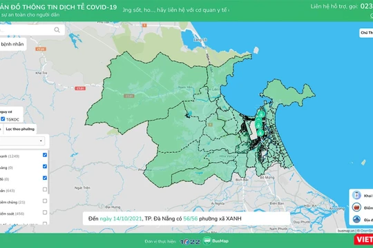 Bản đồ dịch phòng dịch COVID-19 TP Đà Nẵng chuyển trạng thái hoàn toàn xanh