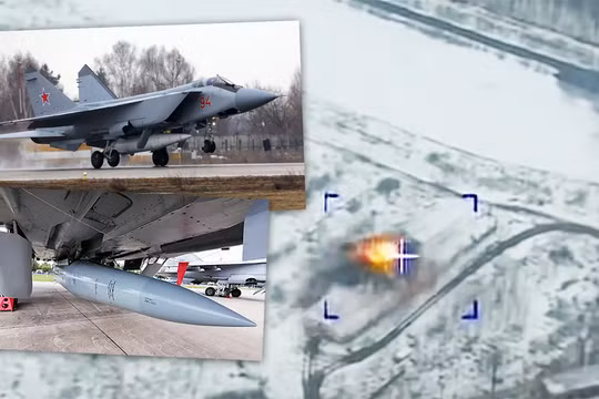 MiG-31 mang tên lửa siêu thanh Kinzhal và vụ nổ do tên lửa tấn công hôm 18/3 (Ảnh: The Drive).