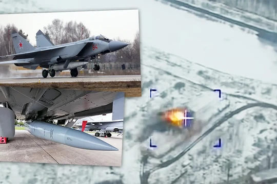 MiG-31 mang tên lửa siêu thanh Kinzhal và vụ nổ do tên lửa tấn công hôm 18/3 (Ảnh: The Drive).