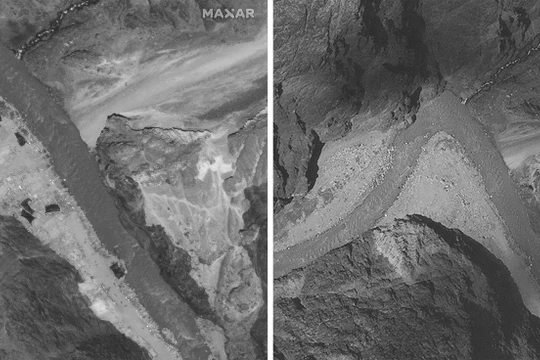 Ảnh vệ tinh chụp diểmđối đầu tại Thung lũng Galwan ngày 28/6 (trái) và ngày 6/7 (phải) cho thấy quân đội hai bên đã rút lui về phía sau, thực hiện cách ly tiếp xúc (Ảnh: AP)