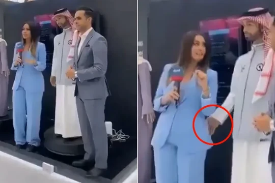 Hình ảnh cuộc họp báo và tình huống bị cho là robot AI quấy rối nhà báo (Ảnh: Sohu).